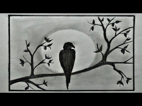 رسم سهل. تعليم رسم طائر يجلس على شجرة بطريقة مبسطة للمبتدئين. رسم طائر لطيف 