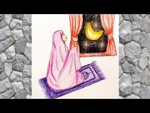 رسومات رمضان رسم فتاة بلباس الصلاة خطوة بخطوة للمبتدئين رسمات رمضان الكريم هلال رمضان 