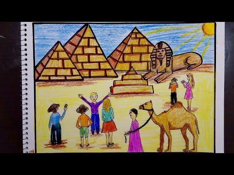 رسم موضوع عن السياحة في مصر والأهرامات وأبو الهول رسم سهل بالخطوات 