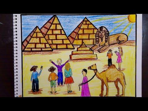 رسم موضوع عن السياحه في مصر والاهرامات وابو الهول رسم سهل بالخطوات 