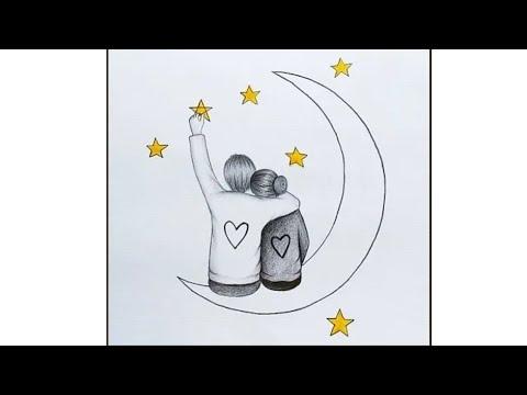 تعليم رسم زوجين رومانسيين يجلسان على القمر How To Draw Romantic Couple Sitting On The Moon Valantine 