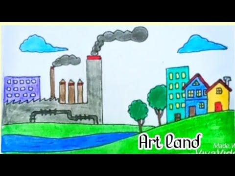 موضوع رسم عن البيئة Pollution In Urban City Drawing 