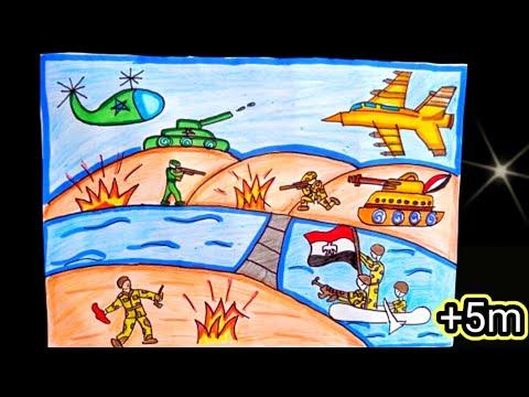 رسم حرب ٦ اكتوبر رسم طائرة ودبابة حرب اكتوبر رسم جندي وعلم مصر رسم سهل 
