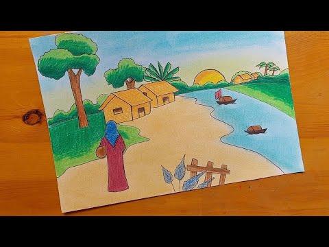 رسم موضوع ريفي رسم نهر النيل شريان الحياه رسم منظر طبيعي Rustic Theme Drawing 