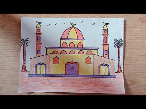 رسم سهل رسم مسجد خطوة بخطوة بالقلم الرصاص والألوان الخشبية تعليم رسم مسجد 