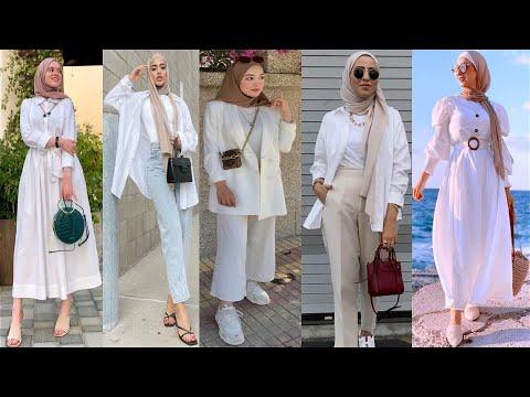 تنسيقات ملابس محجبات باللون الأبيض للعيد White Veiled Clothing For Eid 
