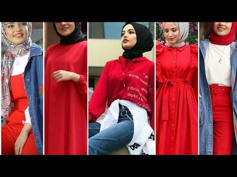 تنسيقات ملابس للمحجبات باللون الأحمر ستايلات 2020 