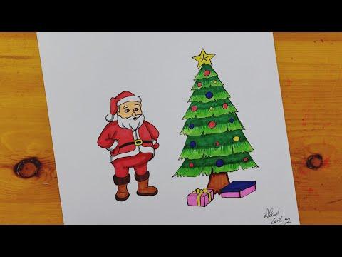 رسم بابا نويل وشجره الكريسمس خطوه بخطوه Drawing Santa Claus And The Christmas Tree Step By Step 