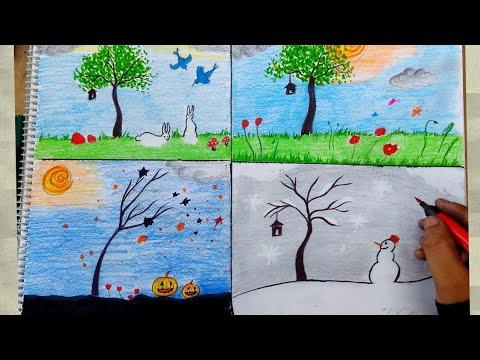 How To Draw Four Seasons I How To Draw Four Seasons Summer Rainy Winter And Spring 