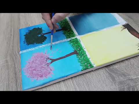 4 Seasons Tree Drawing Landscape Acrylic Painting On Mini Canvas رسم الفصول الاربعه 