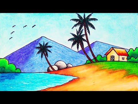 How To Draw Easy Tropical Island Scenery Drawing 