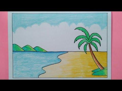 How To Draw A Sea Beach Scenery Easy Drawing 