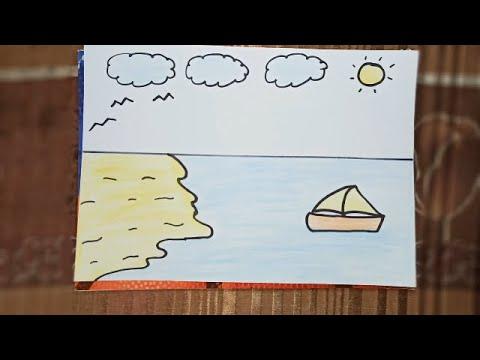 رسم سهل تعليم رسم مركب في البحر مع جزيرة خطوه بخطوة للمبتدئين 