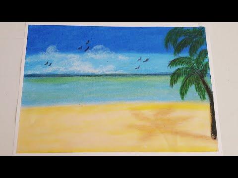 رسم منظر طبيعي جميل شاطئ البحر بألوان الشمع للمبتدئين 