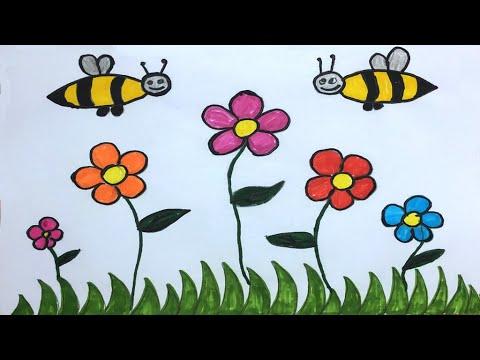 طريقة رسم العشب والورود والنحله مع التلوين للأطفال 