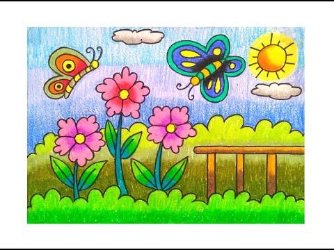 EASY BUTTERFLY AND FLOWE IN THE GARDEN SCENERY DRAWING HOW TO DRAW BUTTERFLY SCENERYSTEP BY STEP 