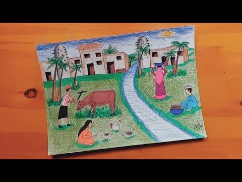 رسم ريفي رسم منظر ريفي رسم قريه رسم حياة الريف Rustic Drawing Drawing Village 