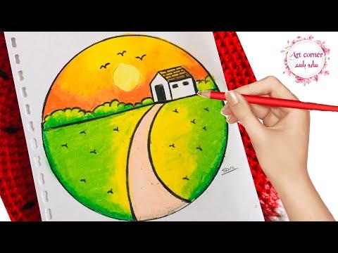 رسم منظر طبيعي سهل رسم بيت فى الريف وقت الغروب 