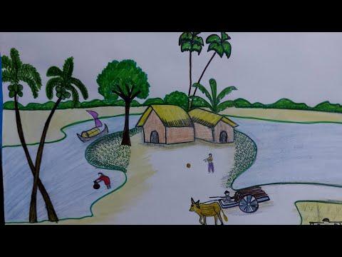 رسم منظر طبيعي رسم منظر من الحياة الريفية How To Draw Scenery Of Rural Life 