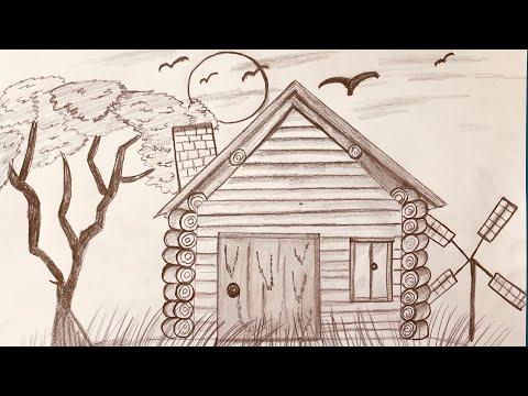 رسم سهل رسم منظر طبيعي رسم كوخ في الريف Drawing Country Cottage Landscape Drawing 