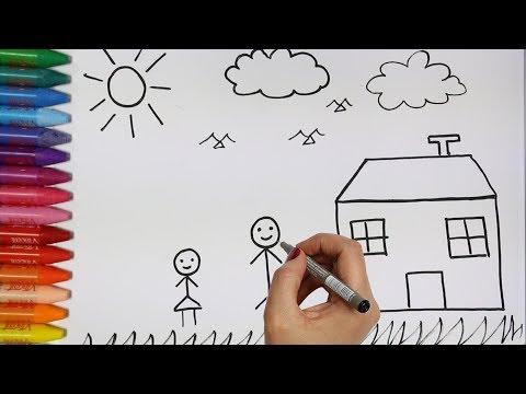 كيفية رسم المنزل والأسرة كعكة فتاة صغيرة أرنب كيفية رسم ولون الاطفال التلفزيون 