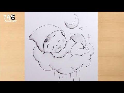 A Dreaming Baby Boy Sleeping On Clouds Pencildrawing 