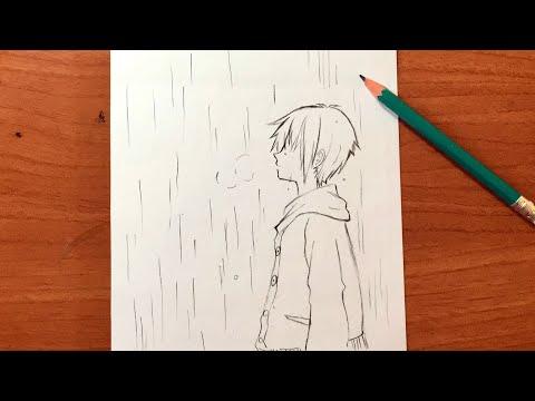 رسم أنمي حزين رسم ولد تحت الأمطار بقلم رصاص وبطريقة جميييلة 