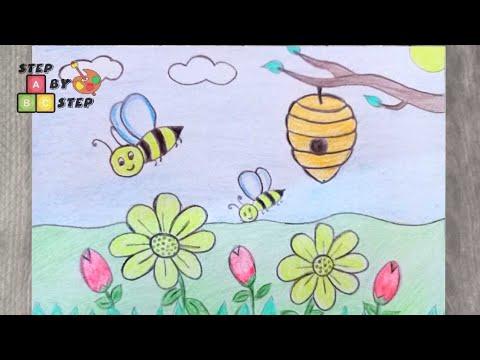 اسهل طريقه لرسم النحله خليه النحل والورد خطوة بخطوة 