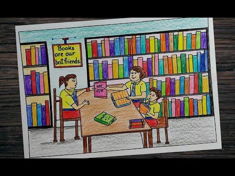 How To Draw Library Scene Step By Step L Library Scene Drawing 