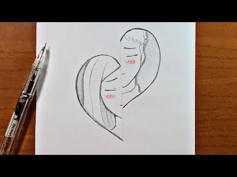 Easy Drawing How To Draw A Heart Split Into Half With Girl And Boy Faces In It 