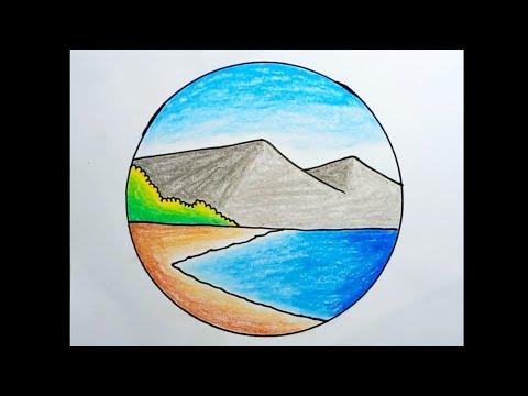 How To Draw Beach Scenery With Oil Pastels Drawing Beach Scenery In A Circle 