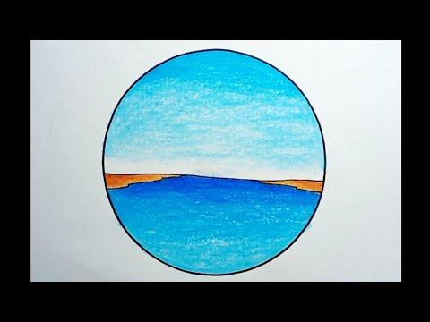 How To Draw Sea Beach Scenery Easy For Kids Drawing Sea Scenery In A Circle 