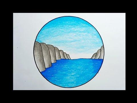 How To Draw Sea Scenery For Beginners Drawing Sea Scenery In A Circle 