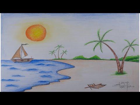 رسم شاطئ البحر منظر طبيعي How To Draw A Sea Beach Scenery 