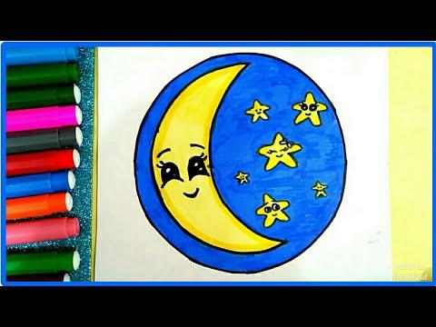 أسهل طريقة لرسم هلال رمضان والنجوم في السماء للمبتدئين والاطفال سهل جدا خطوة بخطوة Drawing The Moon 