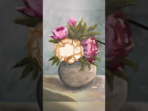 Oil Paint Flower Vase Tutorial رسم مزهرية ورد بالألوان الزيتيه 
