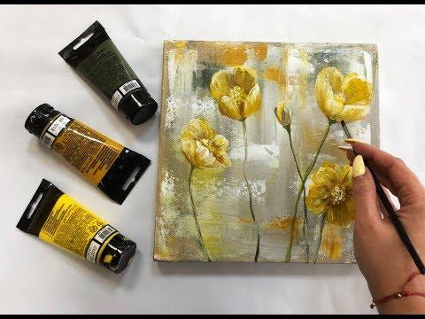 How To Draw Easy Flowers Painting Demonstration Acrylic Technique On Canvas By Julia Kotenko 