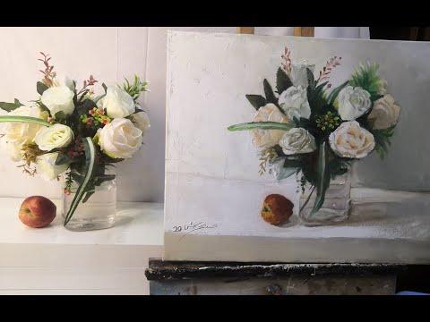تقنية الألون الزيتية في رسم مزهرية شفافة مع وردThe Oil Color In A Transparent Vase With Flowers 