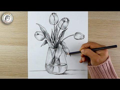 How To Draw Flowers Vase Drawing Dibujo De Flores Still Life Drawing رسم رسم مزهرية الزهور 