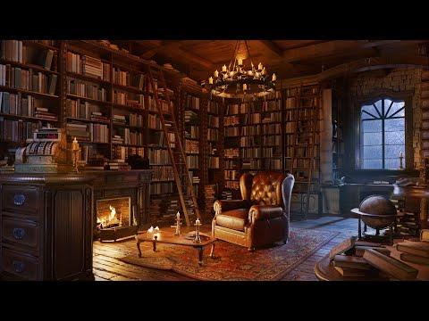 Old Book Shop Ambience Rain Thunder Sounds Warm Fireplace Sleep Study Meditation 
