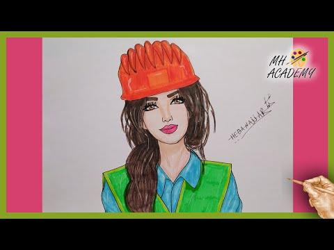 رسم مهندسة جميلة ترتدي قبعة بناتي 