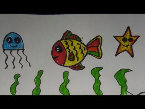 رسم سمكه سهله للاطفال رسم نجمه البحر رسم قنديل البحر تعليم الرسم للاطفال من 4ل6سنوات الدرس الثالث 
