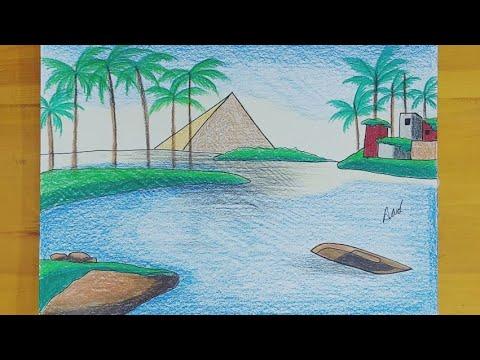 رسم موضوع عن نهر النيل رسم منظر طبيعي 