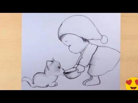 رسم بالرصاص رسم طفلة صغيرة بالرصاص مع قطة خطوة بخطوة رسم سهل كراسات رسم تعليم الرسم 