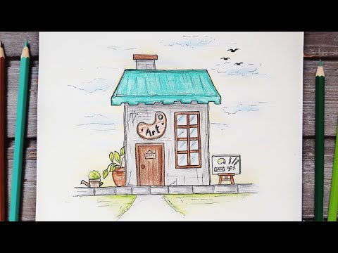 رسم سهل تعليم رسم مبنى متجر بالالوان الخشبية سهل بالخطوات للمبتدئين تعليم الرسم 