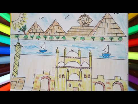 رسم موضوع عن السياحه في مصر تعلم رسم الأهرامات وابو الهول رسم البرج رسم القلعه 