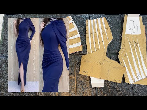 لاول مره على اليوتيوب طريقة تفصيل وخياطة فستان سهره كسرات درابية بالباترون تحفه بكل تفاصيله الجزء ١ 