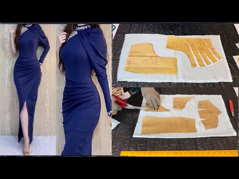 لاول مره على اليوتيوب طريقة تفصيل وخياطة فستان سهره كسرات درابية بالباترون تحفه بكل تفاصيله الجزء 2 