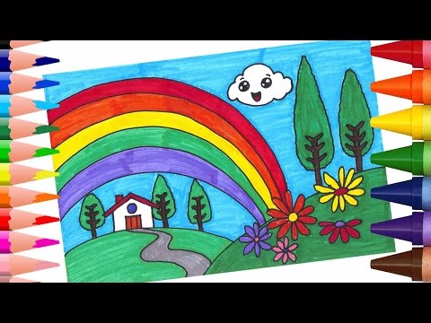 تعليم الرسم والتلوين للاطفال تعلم كيف ترسم منظر طبيعي مع قوس قزح التلوين بالاقلام اللبدية 