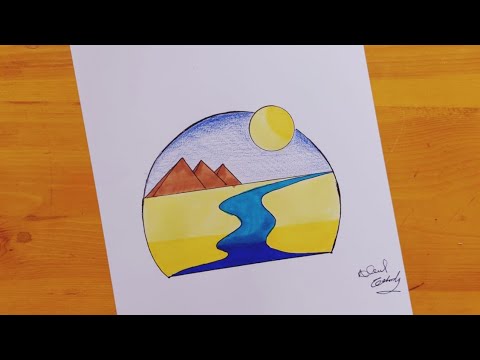 رسم عن السياحه رسم نهر النيل رسم الاهرامات رسم منظر طبيعي 